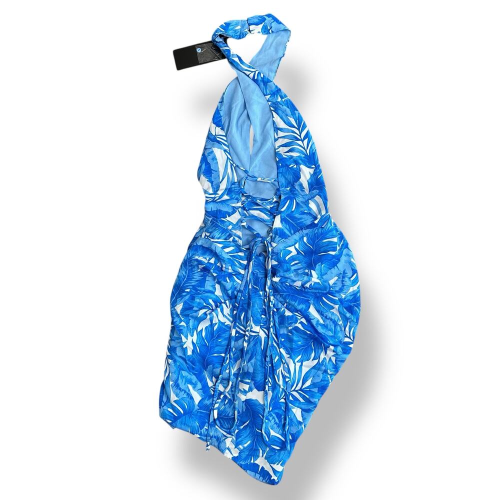 DO+BE NWT Tropical Halter Mini Dress Blue White Leaf Print Back Tie Medium - Picture 6 of 11